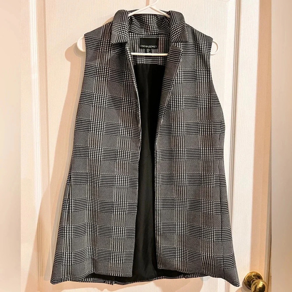 Womens Cynthia Rowley Sleeveless Houndstooth Style Open Vest Lapel Pockets Black - Picture 1 of 7